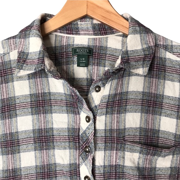 Women’s Large Roots Canada Plaid Tartan Tunic Pullover Popover Shirt Top - Picture 3 of 14